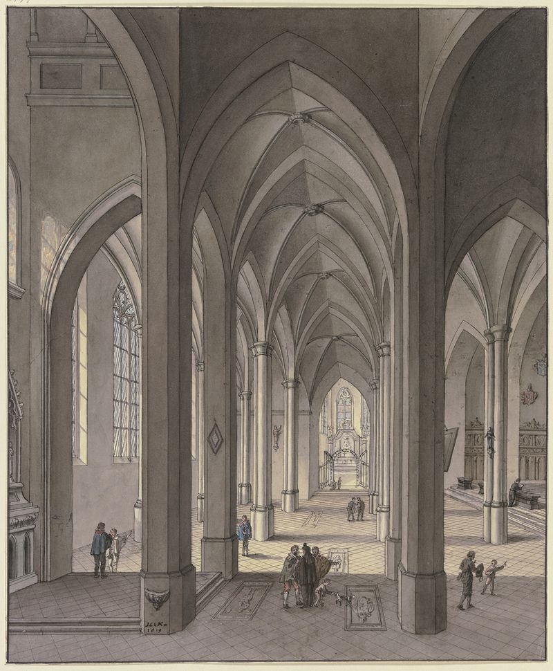 Interior of a Gothic cathedral with figures in 17th-century attire, oil on canvas by Johann Ludwig Ernst Morgenstern.