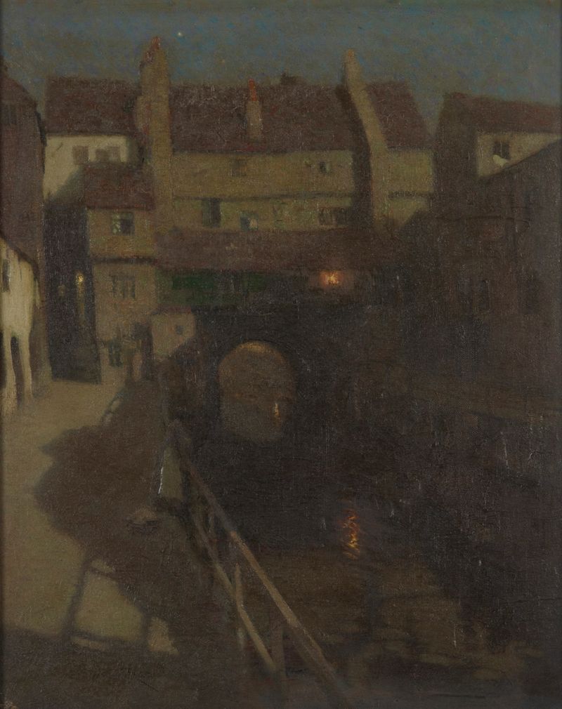 oil on canvas by Frederick Hall depicting a serene waterway with reflections