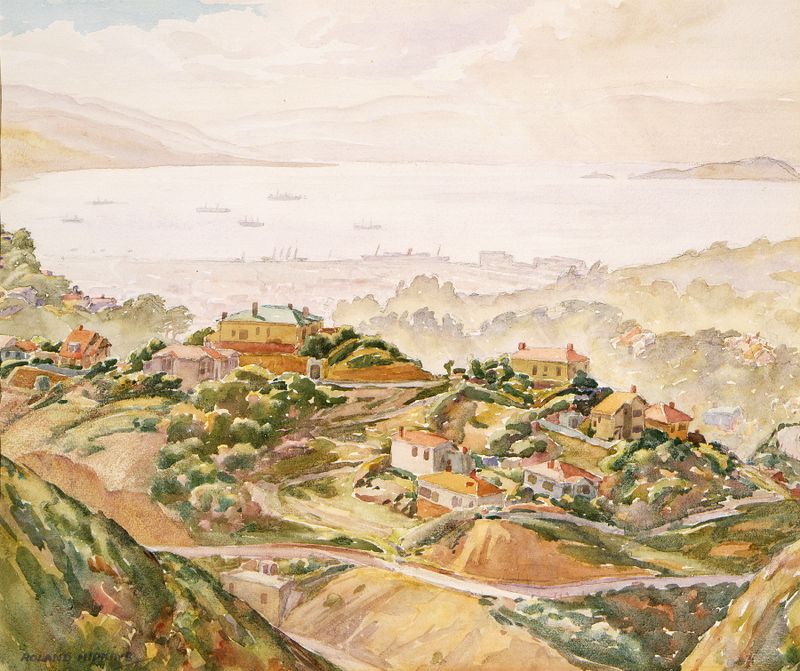 Wellington Harbour from Karori, oil painting by Roland Hipkins