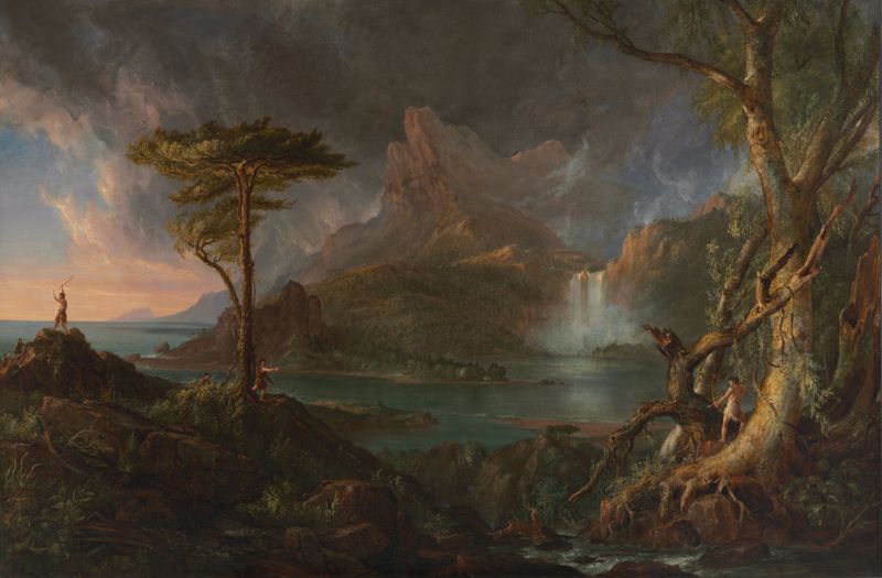 A Wild Scene de Thomas Cole, pintura a óleo que retrata uma paisagem vibrante com penhascos e folhagem.
