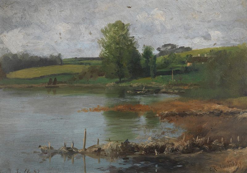 Paisagem com nascer do sol sobre a água, óleo de Erich Kubierschky