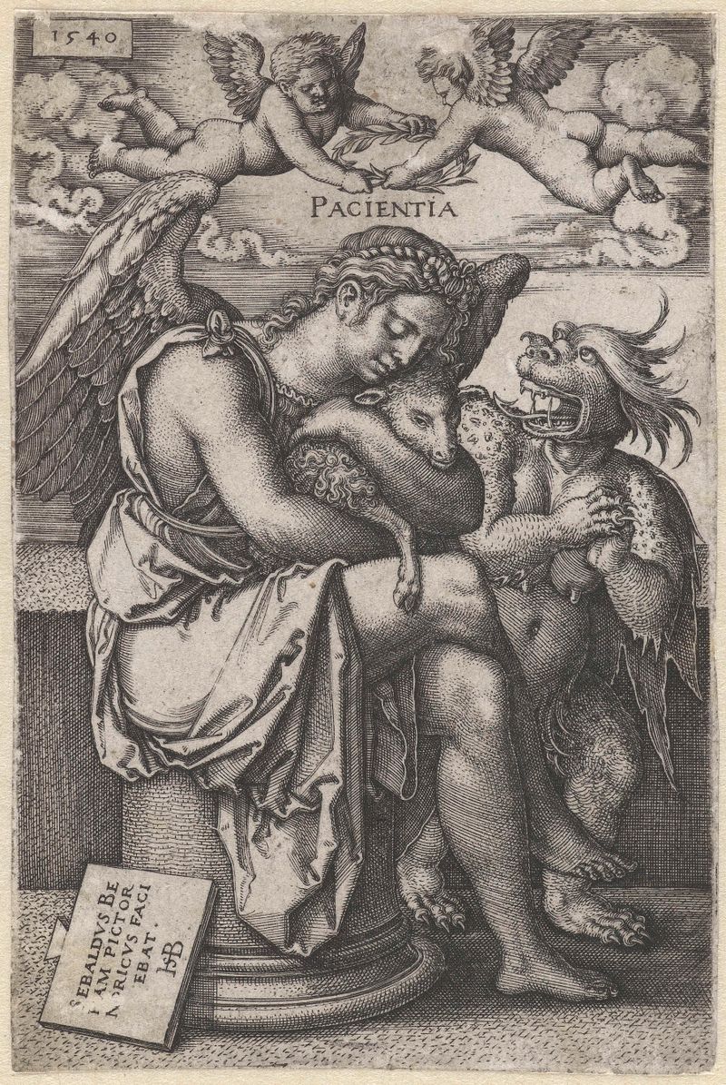 Grabado de Hans Sebald Beham que representa una figura contemplativa en una túnica.