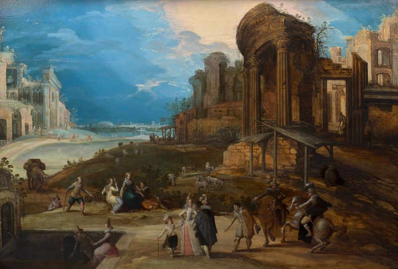Rococo genre scene depicting figures among ruins and the temple of Vesta by Louis de Caullery