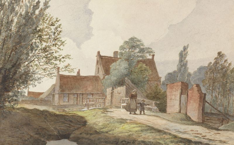 Landscape featuring a serene pathway and distant houses by Hendrik Abraham Klinkhamer, oil painting.