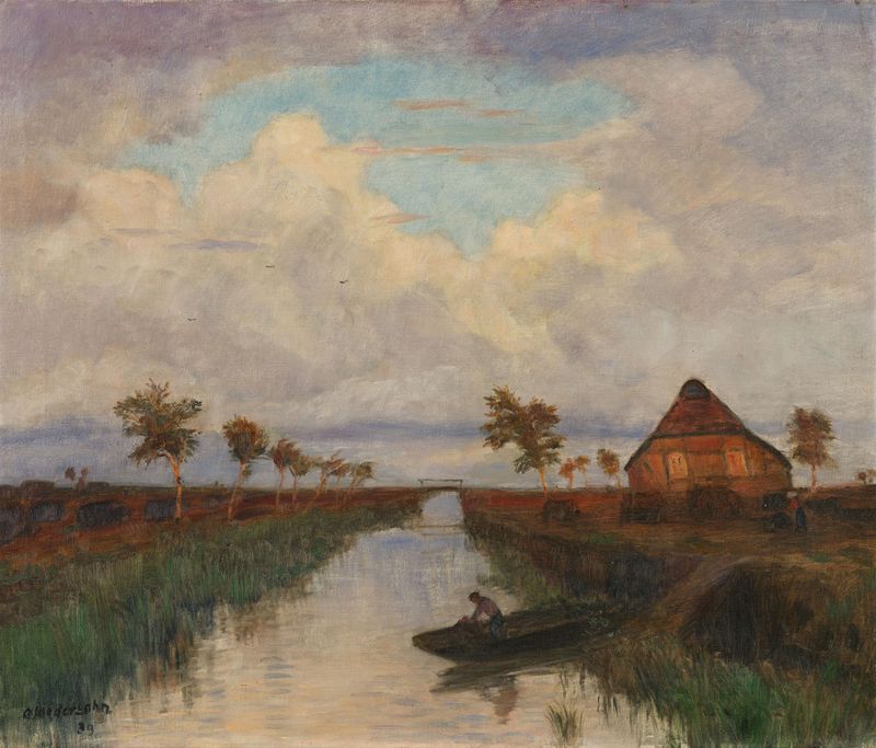 Moorlandschaft de Otto Modersohn, óleo sobre tela mostrando colinas onduladas sob um céu nublado.