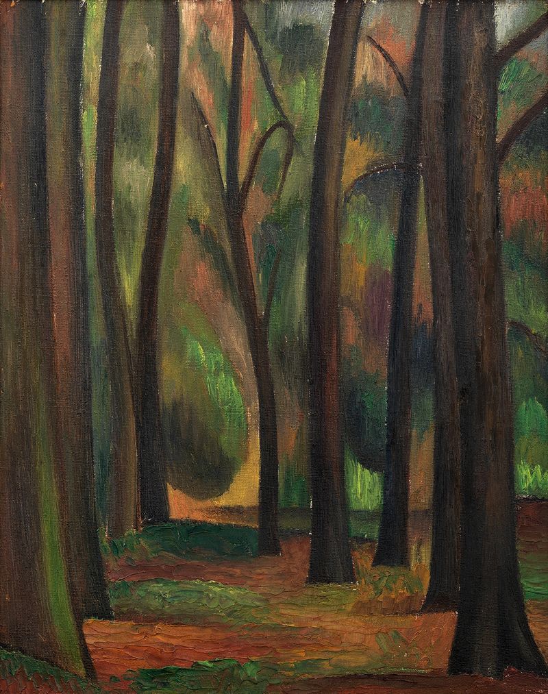 Trees at Garsington by Mark Gertler, oil painting depicting lush trees and greenery.