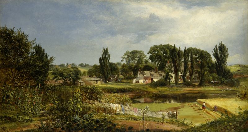 Long Island Homestead, Study From Nature by Andrew W. Warren, oil on canvas depicting a tranquil landscape