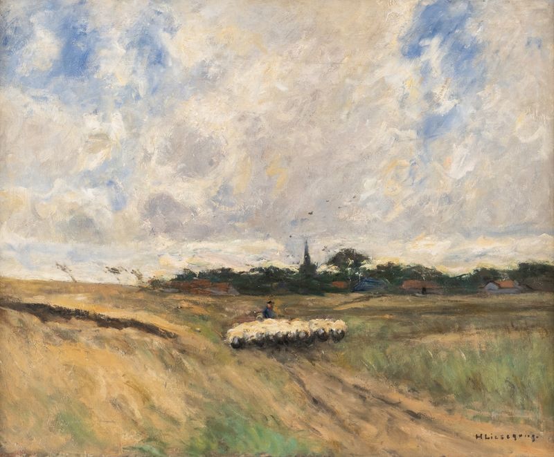 Shepherd with flock in a stormy landscape, oil painting by Helmuth Liesegang