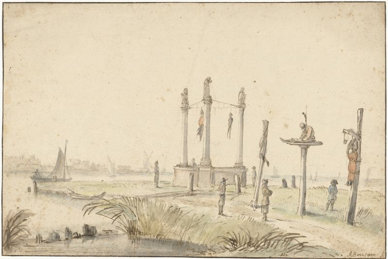 Gallows in a tranquil Dutch countryside, oil on canvas by Anthonie van Borssom