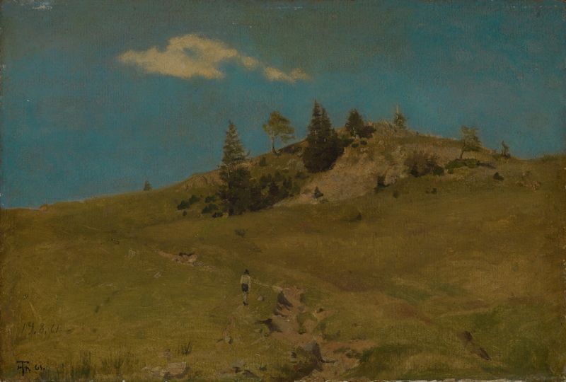 Landscape by Hans Thoma, depicting a twilight forest scene in earthy tones.
