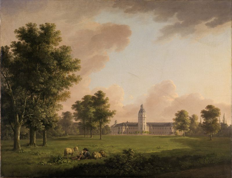 Landscape oil painting by Carl Kuntz featuring Karlsruhe Palace and garden.