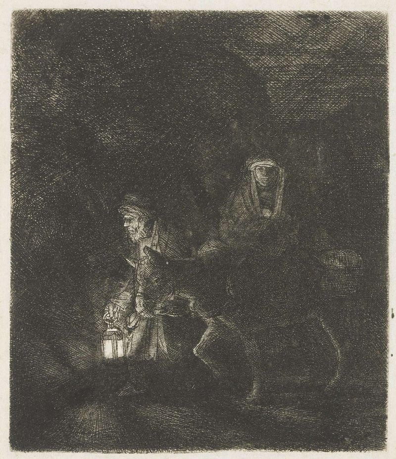 Grabado de Rembrandt van Rijn que muestra a María, José y el niño iluminados por una suave luz.