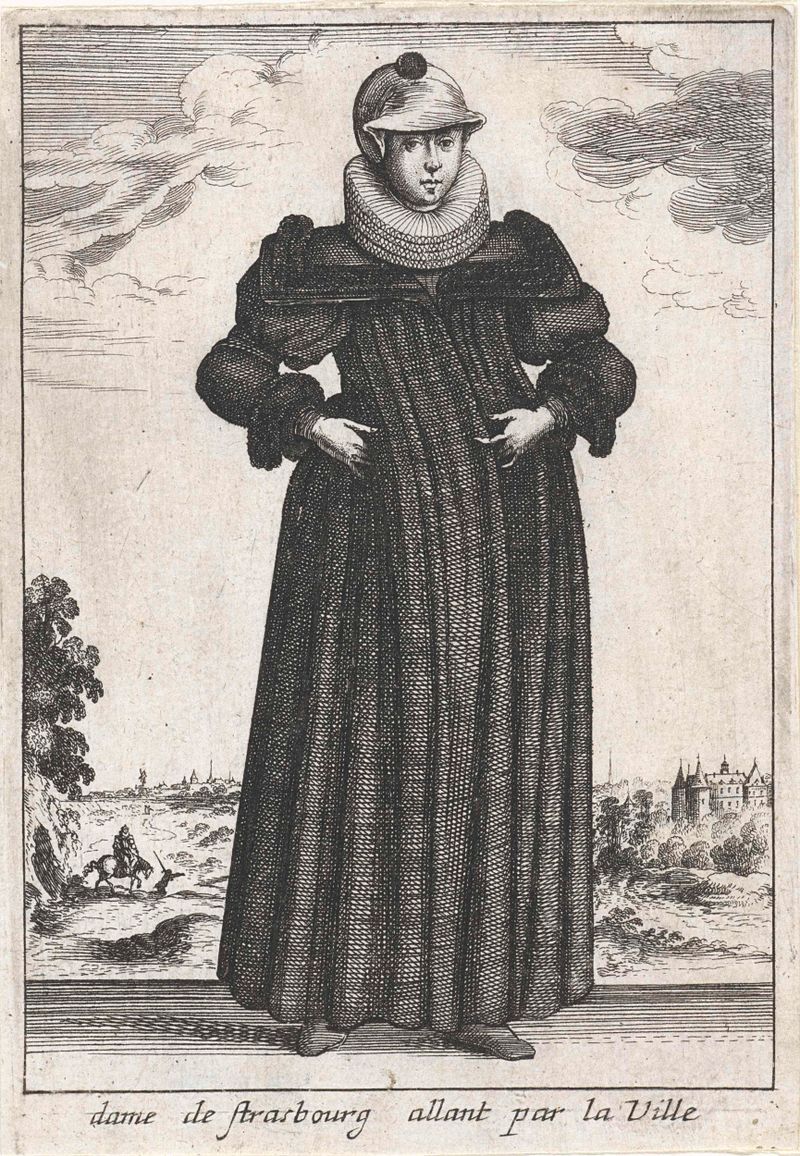 Dame de Strasbourg allant par la Ville, gravura de Unknown Artist, retratando uma mulher em roupas fluidas nas ruas de Est...