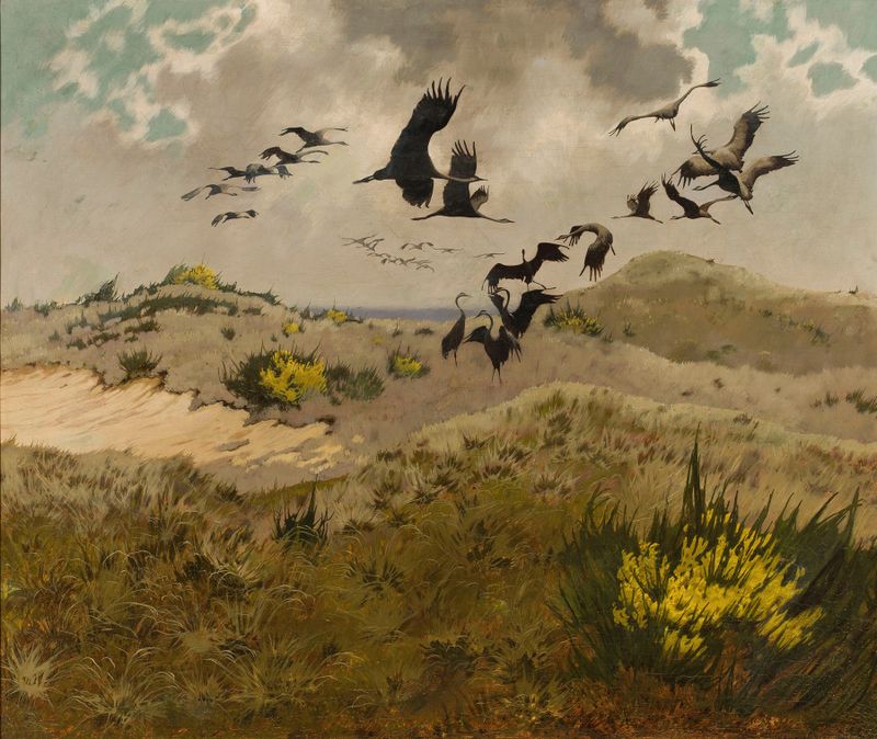 Arrival of Cranes by Friedrich Lissmann, oil on canvas depicting cranes in flight over a landscape.