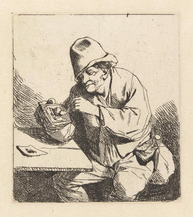 Etching by Cornelis Pietersz. Bega of a man lighting a pipe in soft light.