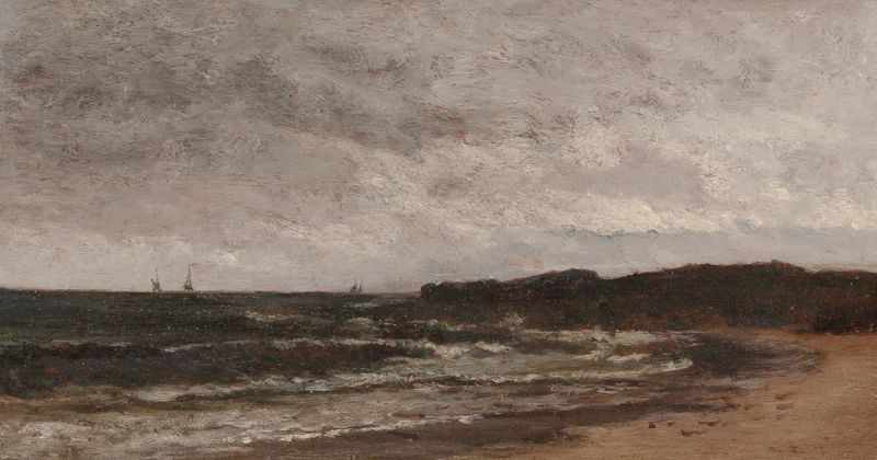 Seascape of Singing Beach in 1882 by American School, featuring waves and sandy shores.