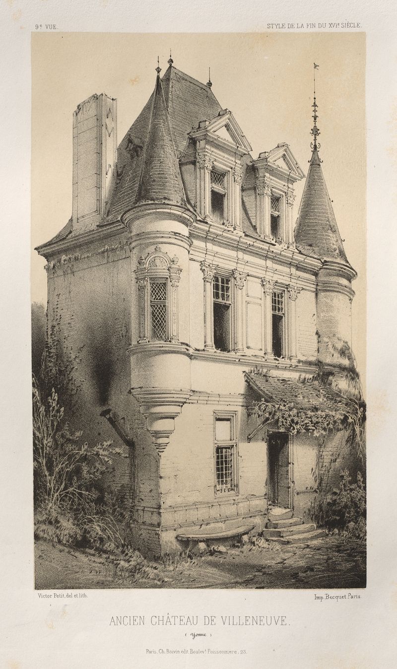 Ancien Chateau de Villeneuve (Yonne) pintura al óleo de Victor Petit que representa un paisaje histórico.