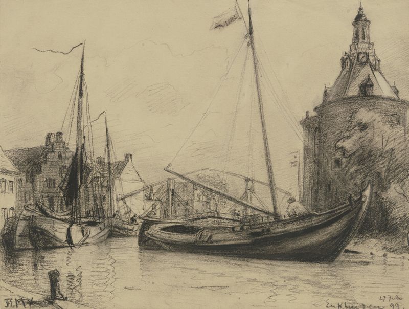Channel with Fishing Boats by Friedrich Ernst Morgenstern, oil painting depicting boats on water