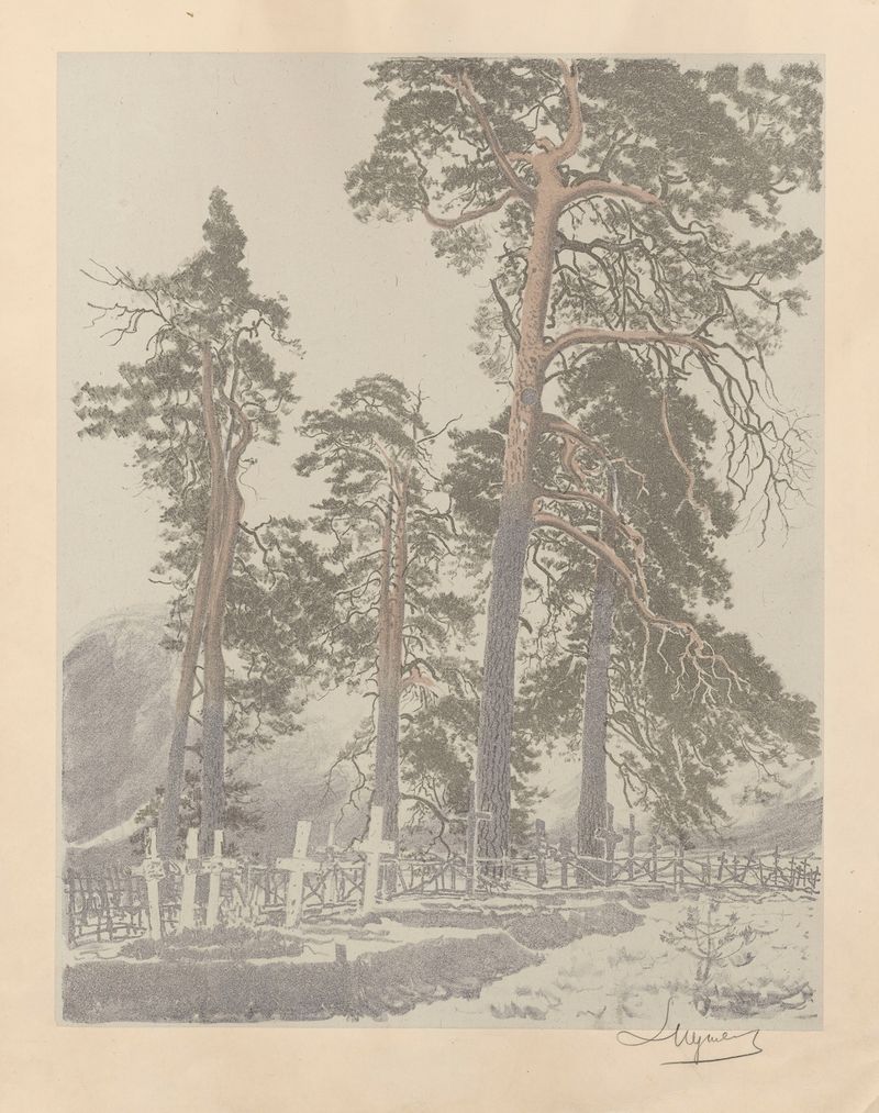 Cemetery in Vowchick, oil on canvas by Leon Wyczółkowski, featuring gravestones and trees.