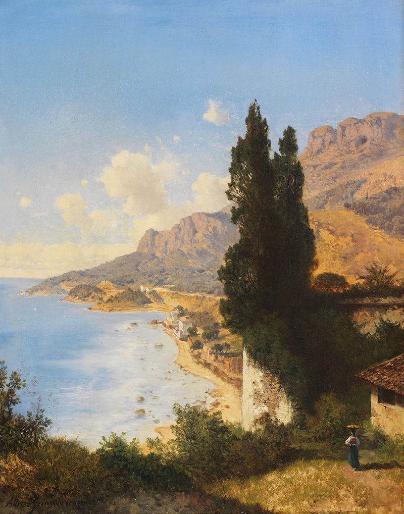 Escena marina que representa el mar y la costa de Albert Zimmermann, pintura al óleo