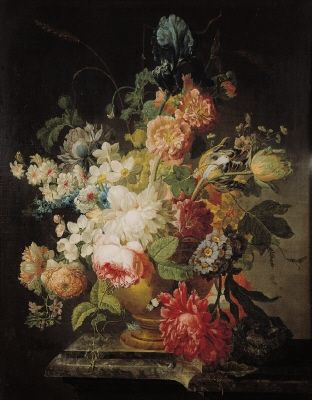 Naturaleza muerta con flores y urna, pintura al óleo de Pieter Faes