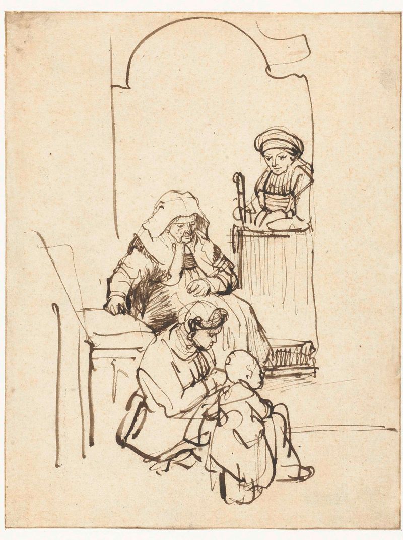 Três mulheres e uma criança perto de uma porta, óleo sobre tela de Rembrandt van Rijn