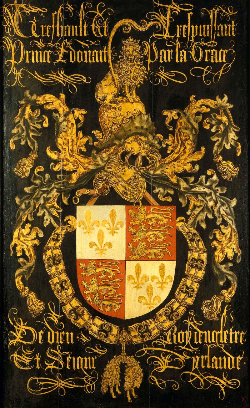 Escudo de Eduardo IV, óleo sobre panel de Pierre Coustain, con detalles heráldicos intrincados.