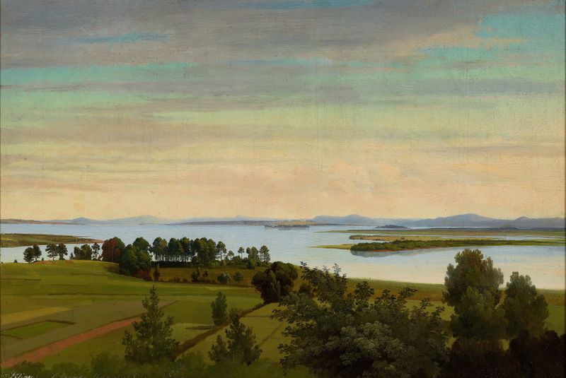 Lago Siljan. Estudio de Gustaf Wilhelm Palm, óleo sobre lienzo que representa agua tranquila y horizonte.