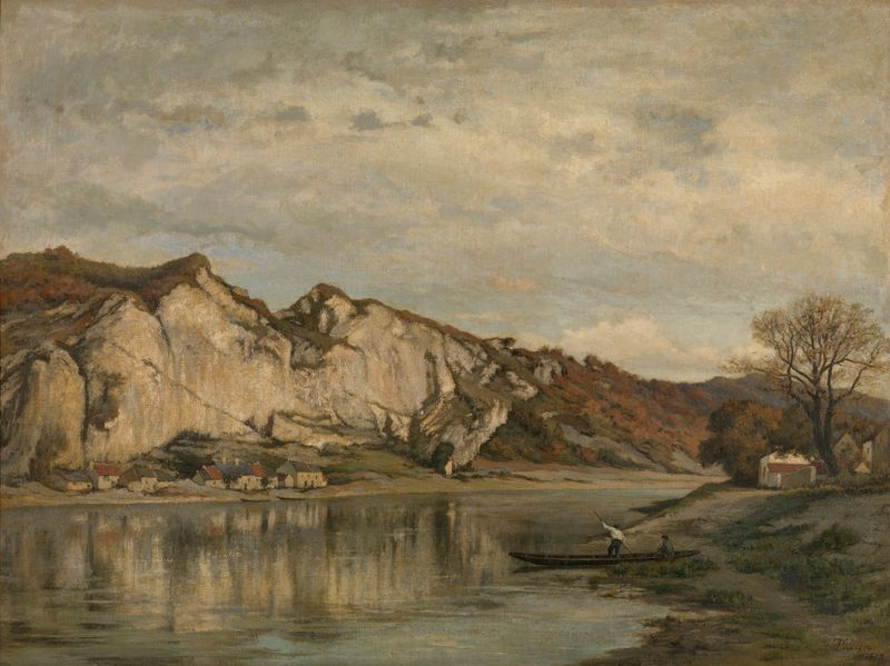 Landscape with rock formations at twilight by Théodore Baron, oil painting