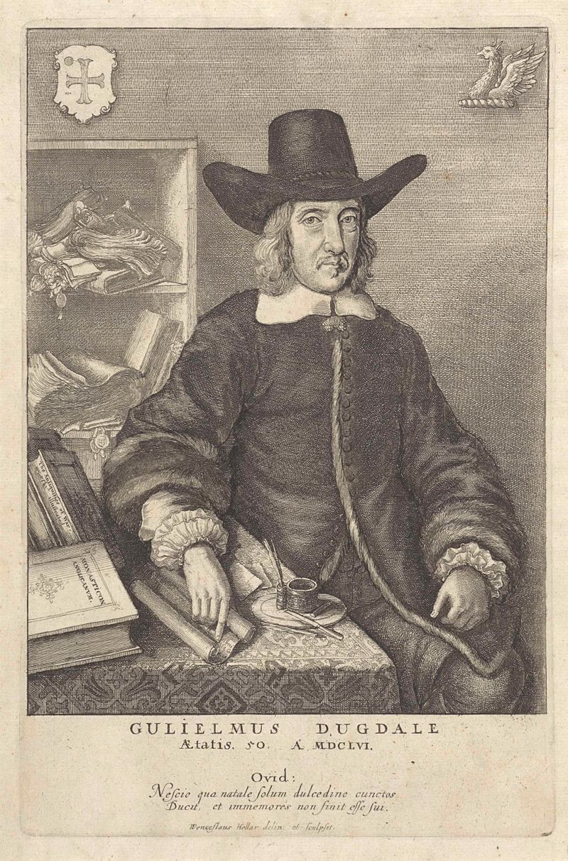Gravura de William Dugdale por Wenceslaus Hollar, com expressão pensativa.