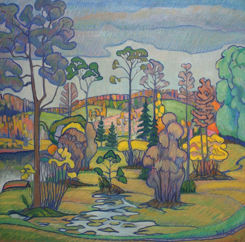 Otepää landscape de Johannes Einsild, pintura al óleo que representa un paisaje sereno con suaves pasteles.