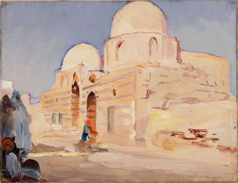 Obra figurativa de Jan Ciągliński mostrando um viajante em tecidos ricos, pintura a óleo