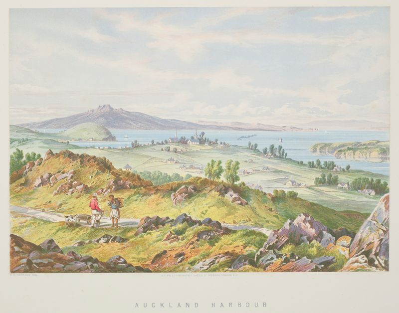 Auckland Harbour landscape by Charles Decimus Barraud, oil on canvas