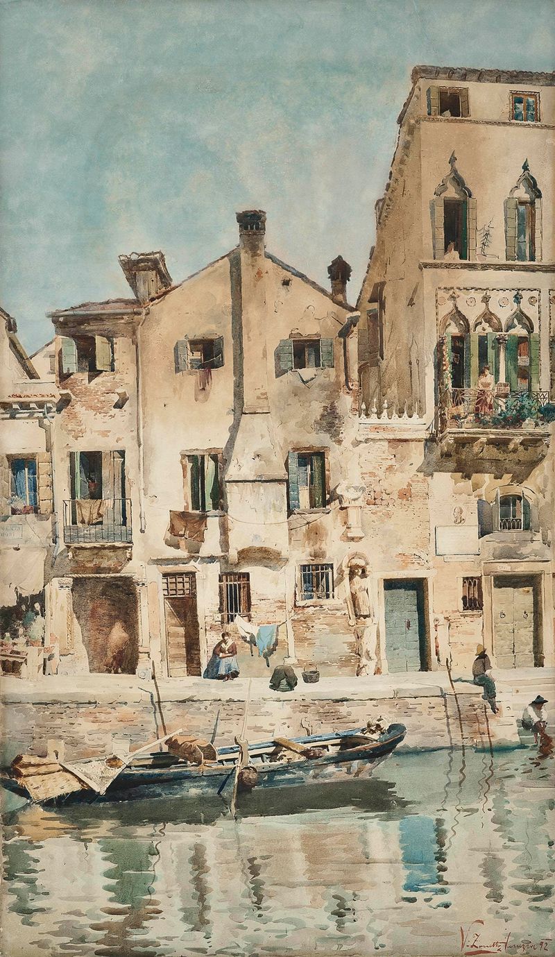 Un remanso veneciano, óleo sobre lienzo de Vettore Zanetti-Zilla, con agua tranquila y reflejos.