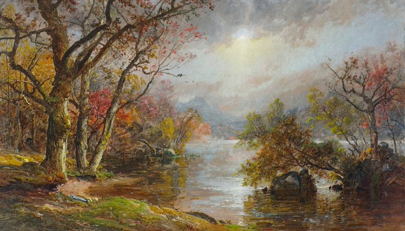 Paisagem de manhã nevoenta em Greenwood Lake, pintura a óleo de Jasper Francis Cropsey