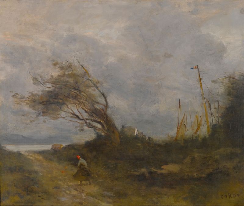 Cena marinha com ondas e velas, óleo sobre tela de Jean-Baptiste-Camille Corot