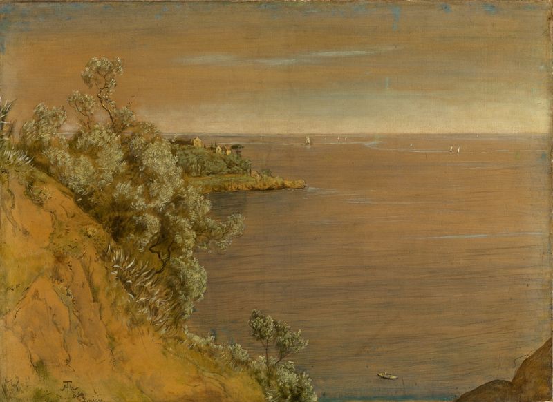 Paisagem costeira com céu luminoso, óleo sobre tela de Hans Thoma