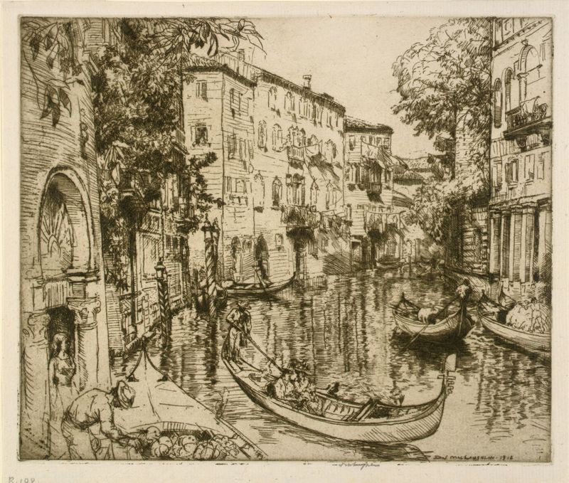 Pintura al óleo de Donald Shaw MacLaughlan que representa un canal iluminado por el sol con reflejos