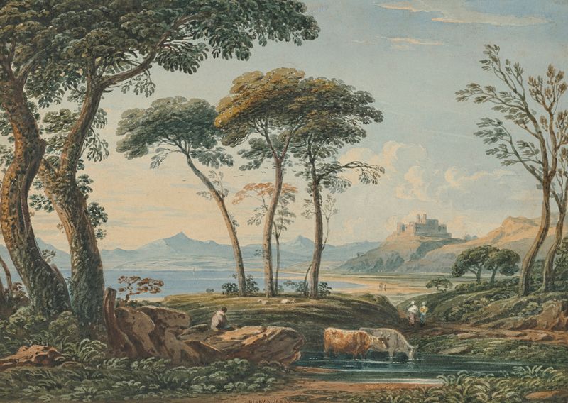 A distant view of Harlech Castle and Snowdon, watercolor on paper by John Varley