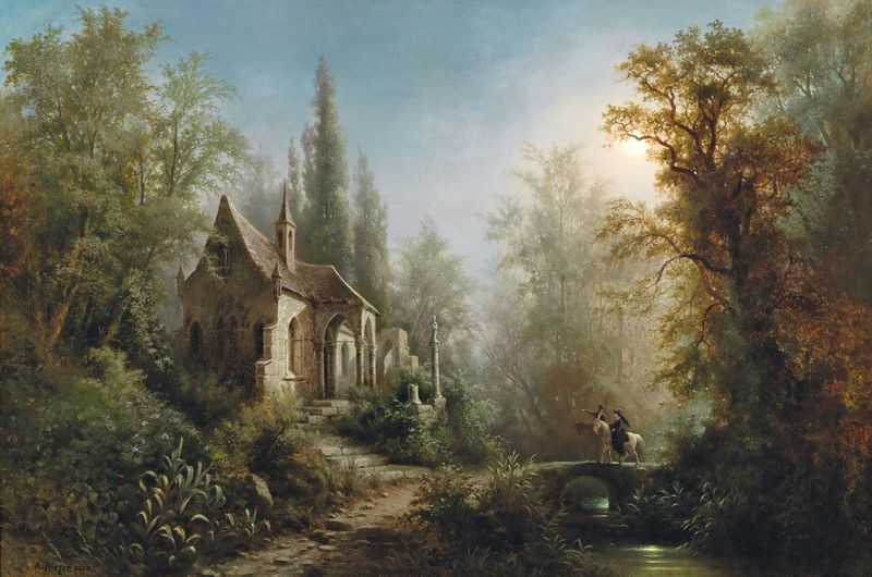 A moonlit night scene with a chapel and riders, oil painting by Albert Rieger.