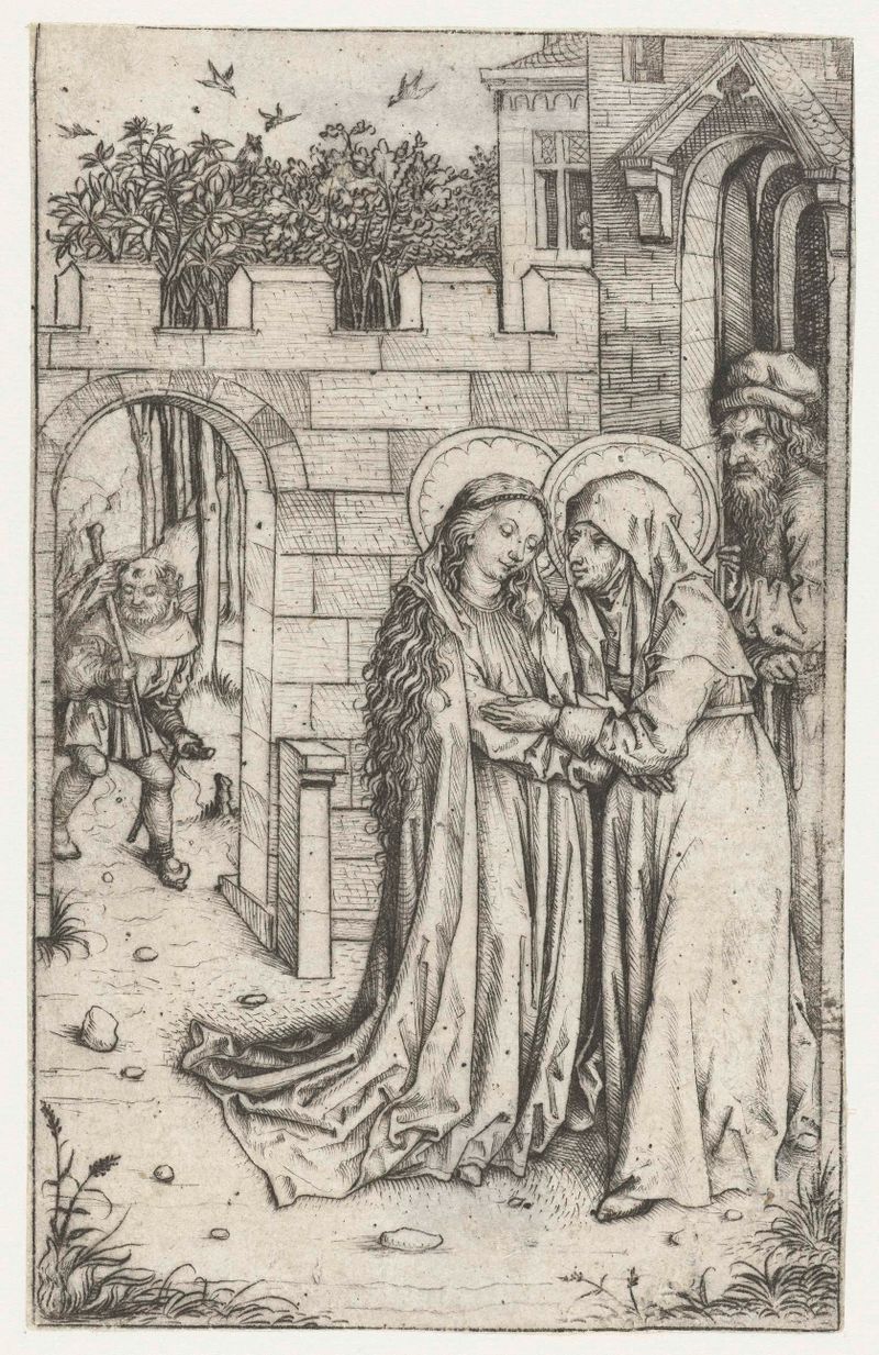 Gravura de Meester van het Amsterdamse Kabinet retratando Maria e Isabel em um momento de intimidade