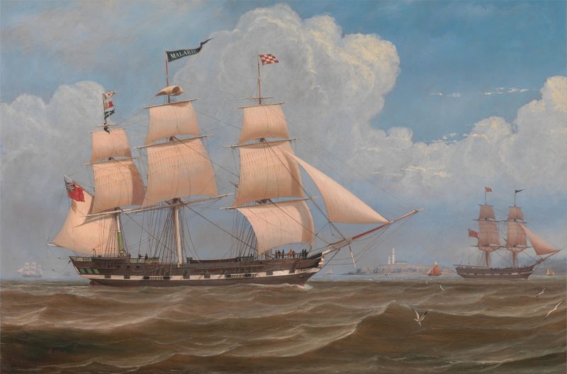 The English Merchant Ship ‘Malabar’ by William Clark, oil painting of a ship sailing on the ocean.