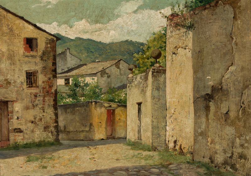 Landscape of Cassa by Curt Agthe, oil on canvas showing town and sea.