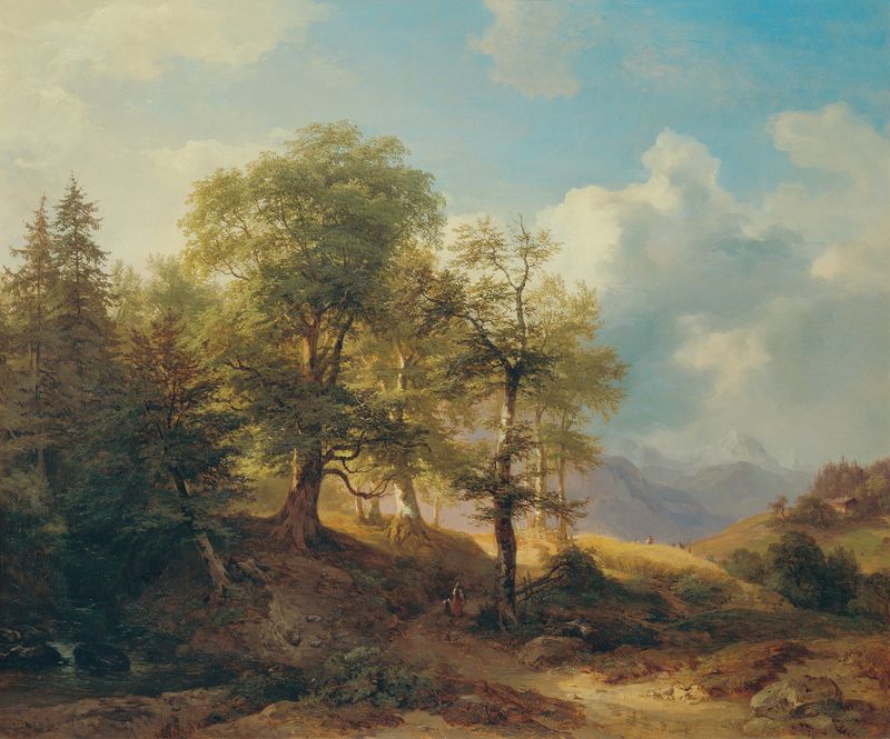 Sommerlandschaft im Hochgebirge de Josef Höger, pintura al óleo que representa un paisaje alpino.