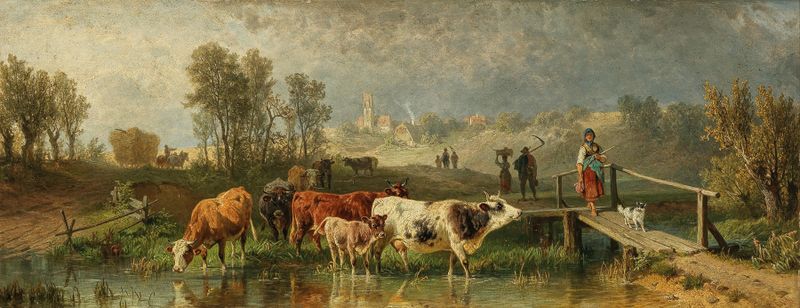 Returning from the Field, oil painting by Friedrich Voltz, depicting a peasant carrying a harvest near a village.