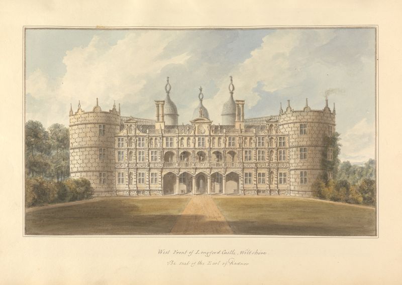 Fachada oeste do Longford Castle, arquitetura de John Buckler, 1811