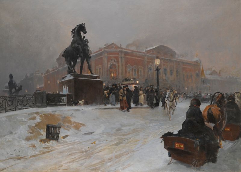 The Anichkov Bridge at dusk, oil on canvas by Paolo Sala, featuring figures and shadows.