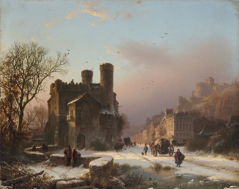 Uma paisagem de inverno com figuras perto de uma aldeia, óleo sobre tela de Barend Cornelis Koekkoek