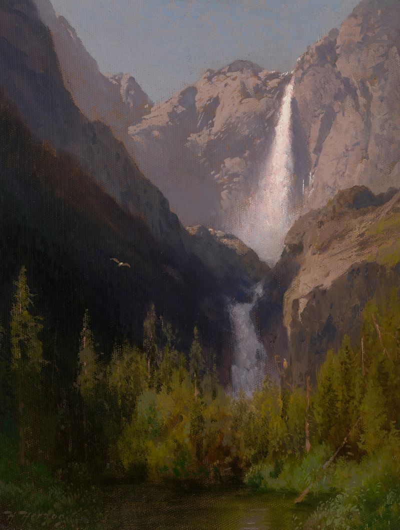 Yosemite Falls oil painting by Hermann Herzog showing a waterfall and granite cliffs