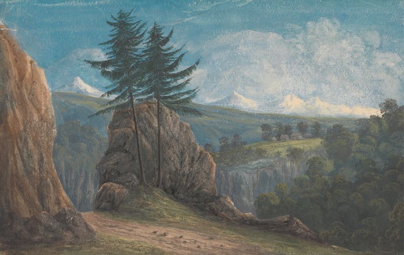 Watercolour on paper by Isaac Weld depicting mountains and a valley.